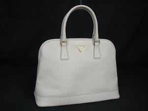 1円 ■美品■ PRADA プラダ サフィアーノレザー ハンドバッグ トート レディース オフホワイト系 FK0686