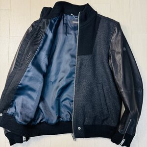 未使用並/M-L相当★ディーゼル/DIESEL 袖レザー 山羊革 コンビブルゾン ジャケット メルトンウール 編み込みニット アウター メンズ 黒