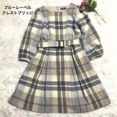 【美品】ブルーレーベルクレストブリッジチェックワンピース七分袖　ウールベルト付き