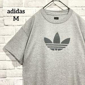 620【美品】adidas アディダス Tシャツ メンズ オールド M トレフォイル 00s ラバーロゴプリント 三つ葉 古着 半袖 グレー ヴィンテージ