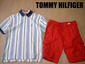 上下セットTOMMY HILFIGERマルチストライプポロシャツ&レッド赤カーゴショートパンツM-W30正規トミーヒルフィガー90sハーフショーツ