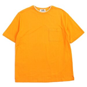 極美品△HERMES エルメス コットン100％ Hロゴ刺繍ポケット付き クルーネック 半袖Ｔシャツ カットソー オレンジ M 伊製 正規品 メンズ