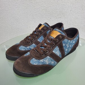 LOUIS VUITTON ルイヴィトン スニーカー 8.5 約27.5㎝ モノグラム デニム スエード ブルー ダークブラウン 高級靴 美品