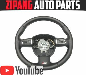 AU074 8T A5 スポーツバック Sライン 2.0TFSI クワトロ 本革 ステアリング ハンドル パドル/スイッチ 付 ◆黒革 【動画有り】○