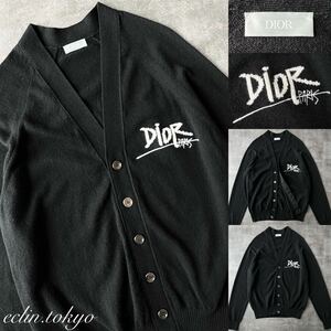 【E4130】稀少品！DIOR MEN ディオール STUSSY コラボレーション《最高級カシミヤ100%》ロゴ刺繍 ニット カーディガン 黒 sizeL 入手困難品