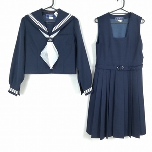 1円 セーラー服 ジャンパースカート スカーフ 上下3点セット 160A 冬物 白3本線 女子 学生服 千葉野田市立南部中学 紺 中古 ランクB EY9486