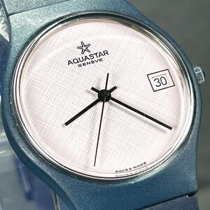 美品 AQUASTAR GENVE アクアスター ジュネーブ 腕時計 クオーツ アナログ カレンダー ネイビー ラウンド ラバーバンド ユニセックス