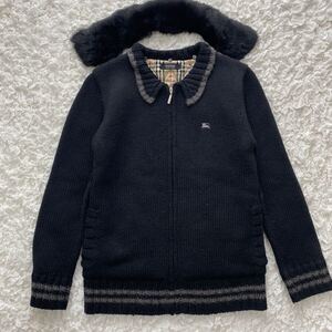 バーバリーブラックレーベル【M ジップアップ ニット リアルファー 黒 アウター カーディガン ノバチェック 2way】BurberryBlacklabel