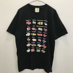 EI1656 むかしむかし　半袖Tシャツ　黒　メンズL 寿司プリント　種類盛りだくさん　まぐら　たまご　うに