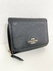 1円～☆【良品 COACH 三つ折り財布 F37968 レザー スモールウォレット】コーチ/レディース財布/コンパクト/ミニ/ブラック系/アウトレット☆