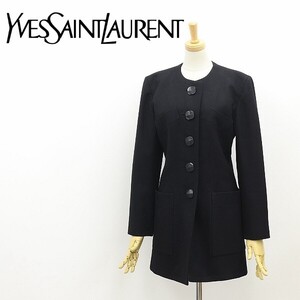 ヴィンテージ◆Yves Saint Laurent イヴサンローラン ウール ノーカラー コート 黒 ブラック 7A3