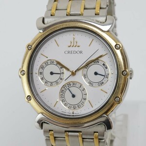 2405-602 セイコー クオーツ 腕時計 SEIKO 7F87 6000 クレドール 18KTベゼル リネアクルバ デイデイト 24時間針 白文字盤 純正ブレス