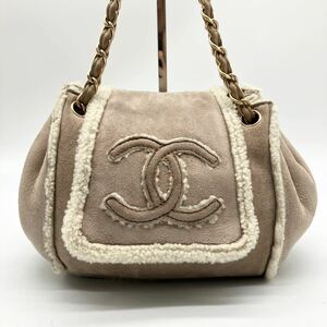 極美品 CHANEL シャネル ココマーク ムートン ボア チェーンショルダー ハンドバッグ 肩掛け ベージュ アイボリー バイカラー