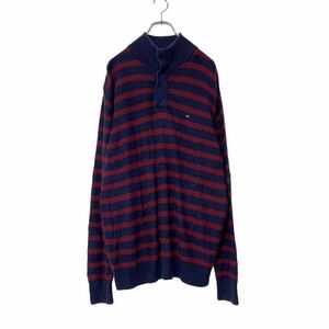 TOMMY HILFIGER ハーフボタン ニット プルオーバー XL ネイビー ボルドー トミーヒルフィガー ビッグサイズ 古着卸 アメリカ仕入 a504-5234