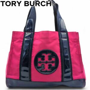 稀少色　TORY BURCH トリーバーチ　エラ　ピンク　ネイビー　トートバッグ　ナイロン エナメル デカロゴ