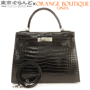 008020382 エルメス HERMES ケリー 28 □D刻印 黒 ブラック ポロサス 外縫 2WAY ハンドバッグ クロコダイル ショルダーバッグ レディース