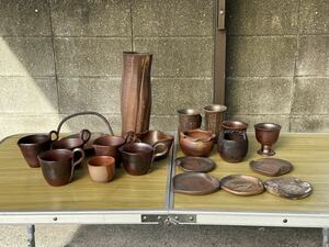 【うぶだし品】備前焼 花入/酒器/皿などまとめて 在銘/花器/湯呑/お猪口/掛花/壺/骨董品/茶道具　:O6-10