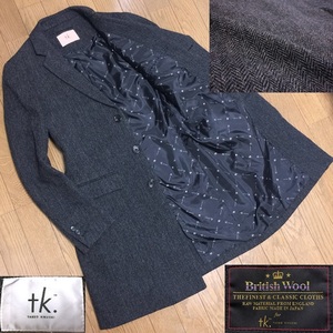 美品 tk.TAKEO KIKUCHI タケオキクチ British Wool ウール ヘリンボーン ツイード チェスターコート メンズ M チャコールグレー 総柄裏地