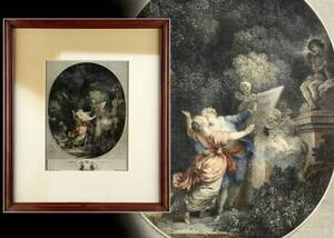 真作保証 18世紀 Jean Mathieu彫 Jean Honore Fragonard画 「Le Serment Damour」 銅版画 [Qa5とぴ]