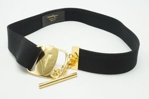 フェラガモ チェーンベルト ウエストマーク ロゴ ゴールド金具 キャンバス 黒 ブラック Salvatore Ferragamo 0266k