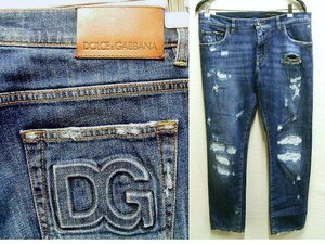 ◇即決[50]DOLCE&GABBANA DENIM SLIM スリム 立体DGロゴ ダメージ クラッシュ リペア ストレッチ デニム GY07CZ/G8DN4 パンツ■6802