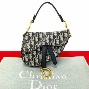 極 美品 希少品 Christian Dior ディオール サドルバッグ オブリーク トロッター 柄 レザー キャンバス ミニ ハンドバッグ ネイビー 31736