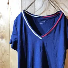 ss3376 TOMMY HILFIGER Vネック Tシャツ 無地 紺 L/G