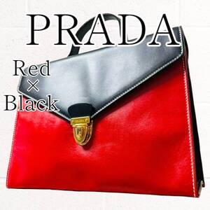 【美品】PRADA(プラダ)希少 ハンドバッグ バイカラー本革 赤×黒 レッド×ブラック