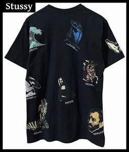 送無 美品 Stussy ステューシー 総柄 絵画 モナリザ ピカソ 葛飾北斎 カラフル マルチ プリント 半袖 Tシャツ カットソー 黒 ブラック M