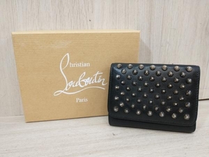 通年 Christian Louboutin クリスチャンルブタン 三つ折り財布 箱付き 保存袋付き 黒×赤 小銭入れ内部汚れ有 スレ傷有