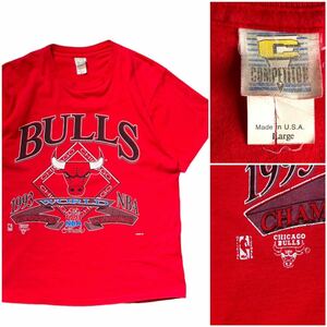 USA製 ‘93 COMPETITOR ヴィンテージ Tシャツ シカゴブルズ Lサイズ バスケ NBA 赤 レッド プリント 90年代 アメリカ ラメプリント 1993年
