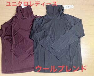 B△77★新品未使用品★ユニクロ　レディース　タグ付き★WOMEN　ウールブレンドタートルネックT wine・navy UNIQLO　サイズL 秋冬服