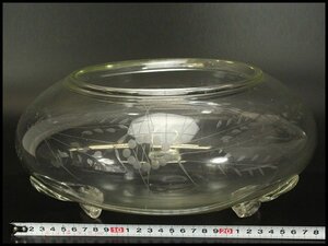 【銀閣】アンティーク レトロ ガラス 切子 草花模様 鉢 φ30cm 旧家蔵出 送料無料(AZ963)