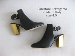 即決☆Salvatore Ferragamo☆ヒールパンプス☆レザー☆黒☆4.5☆太ヒール☆イタリア製☆フェラガモ☆美品☆