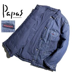 美品【定価9万超】Papas パパス デニム ダウンジャケット L (50) ロゴワッペン 刻印釦 インディゴ 加工【Papasの極上デニムダウン】日本製