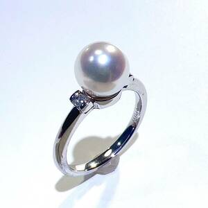 Pt999 天然 アコヤパール ダイヤ リング 8号 D0.05ct 4.2g レディース アクセサリー 真珠 美品