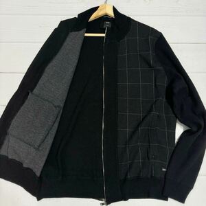 極美品/XLサイズ●ヒューゴボス ドライバーズニット ジャケット ブルゾン HUGO BOSS ダブルジップ ロゴタグ ラムウール100% 格子柄 黒 ロゴ