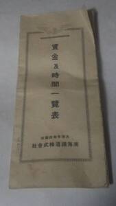 大正１３年　南海鉄道株式会社　賃金及時間一覧表　高野線　和歌山線　摂陽汽船洲本行連絡　