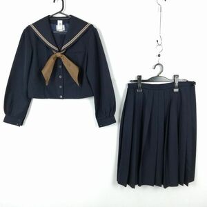 1円 セーラー服 スカート スカーフ 上下3点セット 165A カンコー 冬物 茶2本線 女子 学生服 岡山南高校 紺 制服 中古 ランクC EY5751