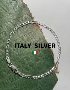 ItalyブレスレットSILVERアンクレット イタリア製銀フィガロチ巾3ミリびLMKriアび シルバー