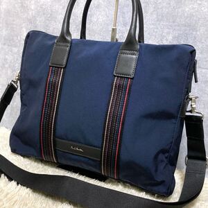 1円〜 極美品 Paul Smith ポールスミス ビジネスバッグ ショルダーバッグ レザー ナイロン ネイビー メンズ A4収納可 2way 肩掛け 通勤通学