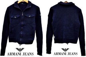 A-4512★送料無料★美品★ARMANI JEANS アルマーニ ジーンズ★正規品 ネイビー 圧縮ウール ニット フルジップ ジャケット セーター Slim XS