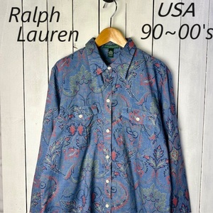 sh●702 USA古着 90s～00s Ralph Lauren 薄手 ペイズリー総柄シャツ ブラウス 薄紺 L～XL オールド アメリカ古着 ラルフローレン 春夏 長袖