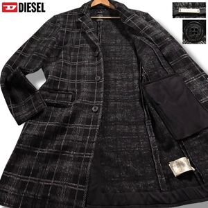 極美品/XXLサイズ●DIESEL ディーゼル ニット風 チェスターコート ウール系 グレンチェック 総柄 ロゴ金具プレート ブレイブマンボタン 3L