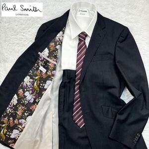 【極美品XLサイズ!!!】 Paul Smith ポールスミス セットアップ スーツ 黒 ストライプ ステッチ 裏地 花柄 メンズ 2B