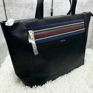 【未使用保管品/A4◎】 Paul Smith ポールスミス メンズ ビジネス トートバッグ ハンドバッグ 鞄 レザー 本革 ブラック 黒 書類 通勤 PC