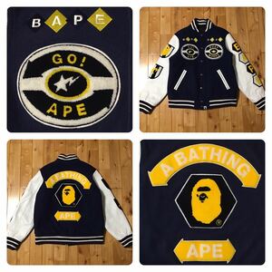 袖レザー BAPE LOGO varsity jacket Mサイズ ネイビー a bathing ape leather スタジャン エイプ ベイプ アベイシングエイプ NAVY NIGO ca3