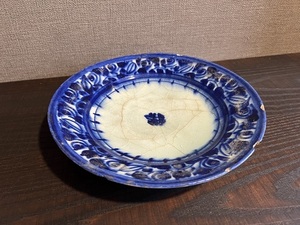 ペルシャ期 アンティーク白地花柄文様藍色染皿 amg-006