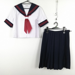 1円 セーラー服 スカート スカーフ 上下3点セット 170A オリーブデオリーブ 夏物 赤3本線 女子 学生服 中学 高校 白 中古 ランクC EY8249