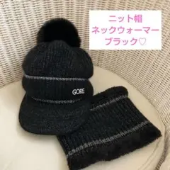 ゴルフ スノボ つば付き ニット帽 キャップ ネックウォーマーセット ブラック